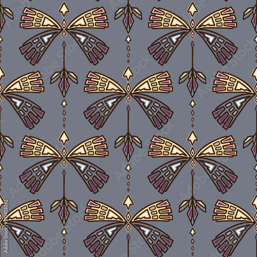 Vintage Art Deco Butterfly Vector Seamless Pattern. Stylised Gold 1920s style Geometric Moth Bug Damask Background. Hand Drawn Ornate Classic Wings Textile. Ornamental Flourish All Over Print Eps 10
