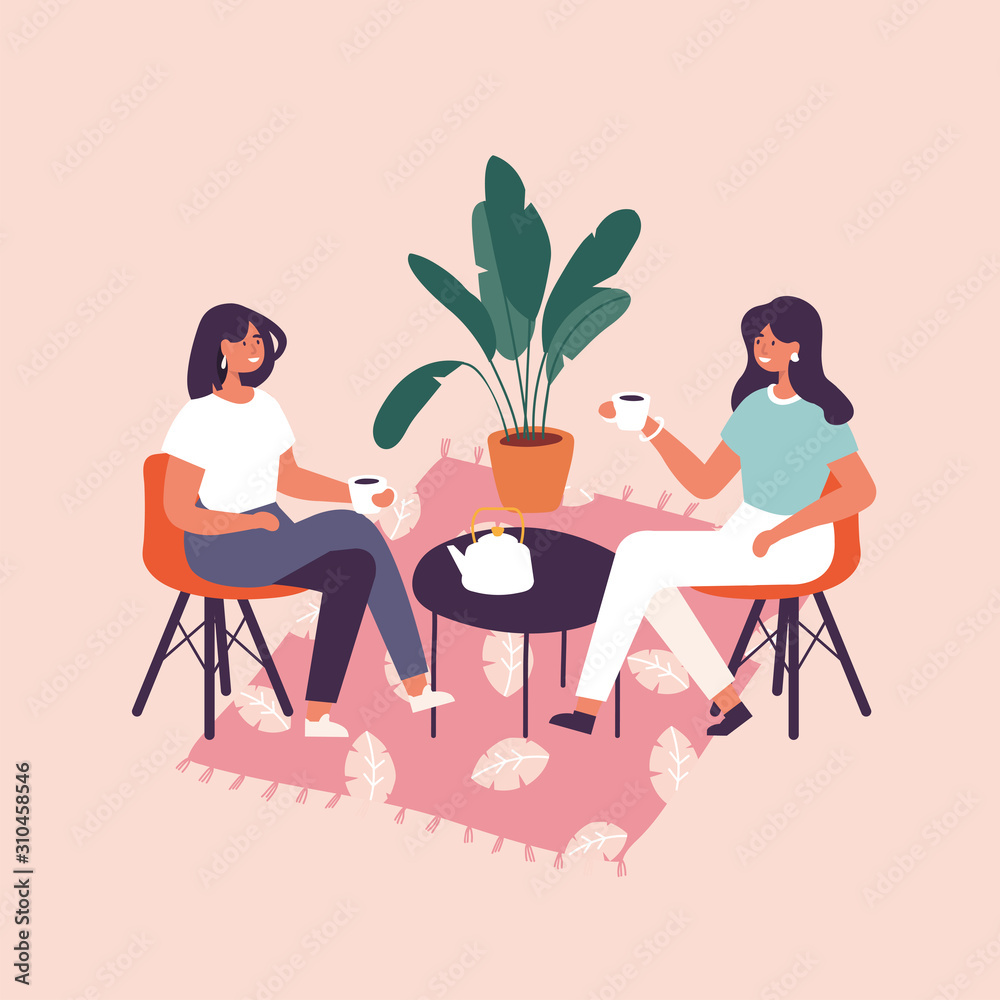 Vector illustration pair of female friends sitting at the table, drinking tea or coffee and talking. Coversetion and friendly meeting in a cafe.