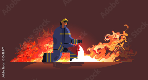 brave fireman holding red buckets with sand firefighter extinguishing fire firefighting emergency service concept orange flame background full length horizontal vector illustration