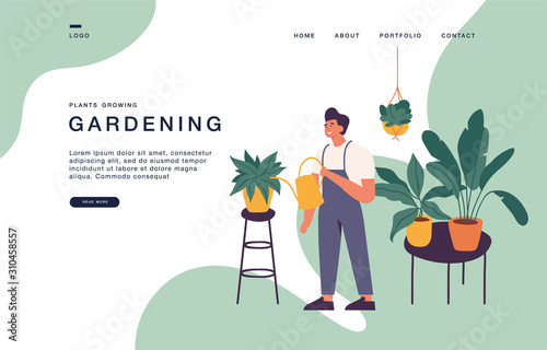 Vector illustration man taking care of houseplants growing in planters. Young cute man cultivating potted plants at home.