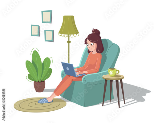 Young woman is sitting on armchair with laptop and cup of coffee or tea at home. Cozy interior with plants, floor lamp, carpet, coffee table and pictures. Vector illustration.