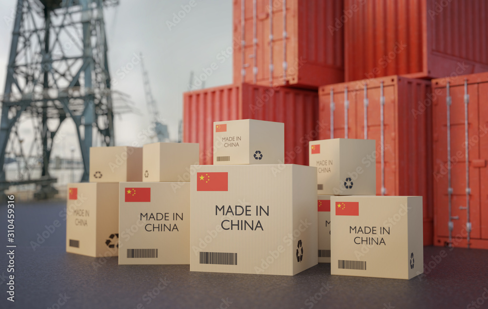 Fotografie Many chinese cargo containers and cardboard boxes