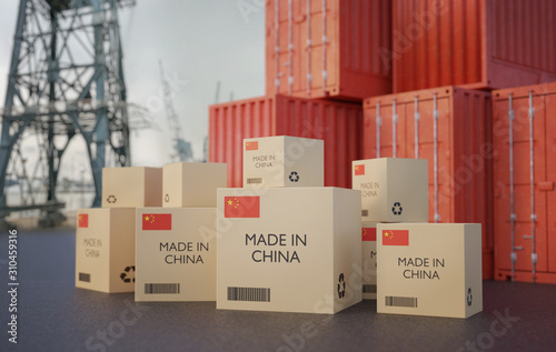 Many chinese cargo containers and cardboard boxes. Importing goods from China concept. 3D rendered illustration.