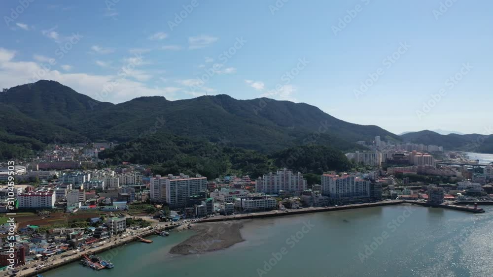 Tongyeong, South Korea 30 August 2019: 4K Aerial Drone Footage View of Tongyeong Port.