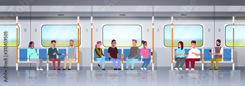 people inside subway metro train mix race passengers sitting in public transport concept horizontal flat full length vector illustration
