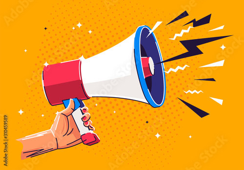 Vector illustration of a hand holding a loudspeaker