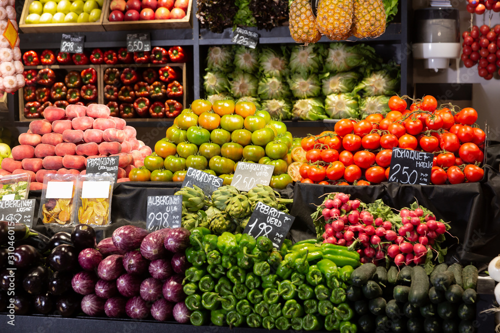 Fruits and vegetables on market counter