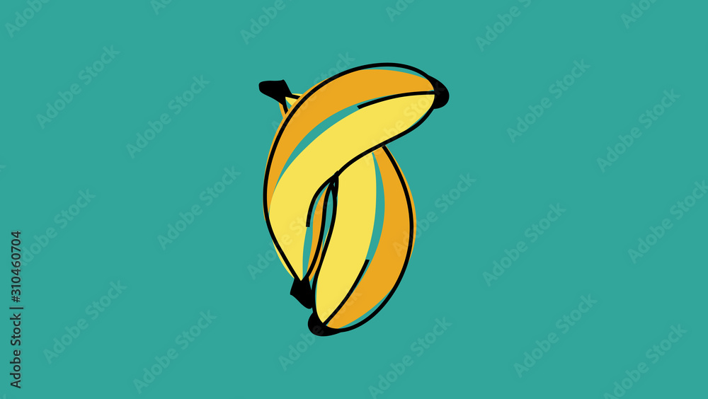 Cartoon banana drawings single, peeled and banana peel on the ground