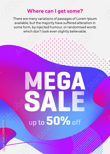Bright flowy shapes. Mega Sale vivid forms, flowy lines, wavy shapes. Gradient blue and pink color. Layout for slides, flyer or poster. Vector illustration