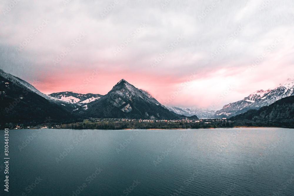 A Beautiful Pink Sunset Over The Mountains, Switzerland.