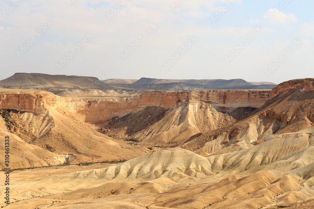 Negev desert mountain panorama of Nahal Zin canyon and cliffs, Israel