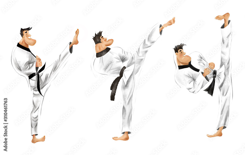 Taekwondo kick. Taekwondo man. Illustration of taekwondo man who showing kicks