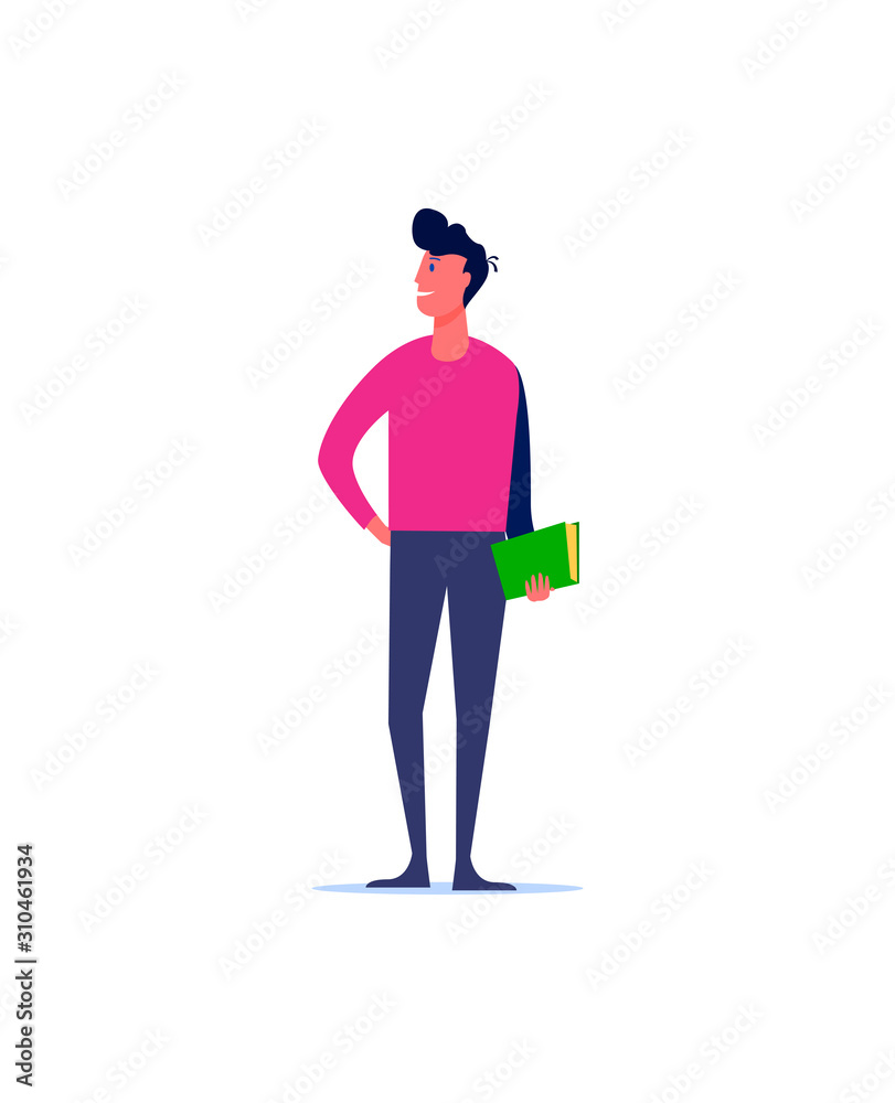 Man looking around with book in his hands. Single person, gadget free, waiting flat vector illustration. Leisure activity and free time concept for banner, website design or landing web page