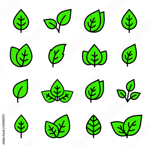 linear eco set of green leaf and branch icons