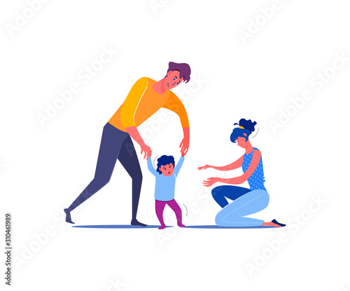 Parents teaching child to walk. Family, love, togetherness flat vector illustration. Leisure activity and parenting concept for banner, website design or landing web page