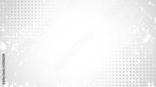 Abstract gray white background. White Grunge pattern on gradient backdrop. Halftone pattern. Blank geometric presentation, poster, print, cover template. Stock vector illustration