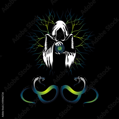 Vector image of a sorcerer with snakes. The sorcerer holds a magic ball in his hands. Image on a background of lightning.
