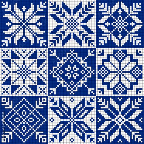Vector pattern - a set of nine staggered snowflakes made in the style of Norwegian patterns for knitting from wool.