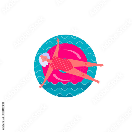 Beautiful senior woman floating on inflatable ring. Summer vacation flat vector illustration. Leisure concept for banner, website design or landing web page