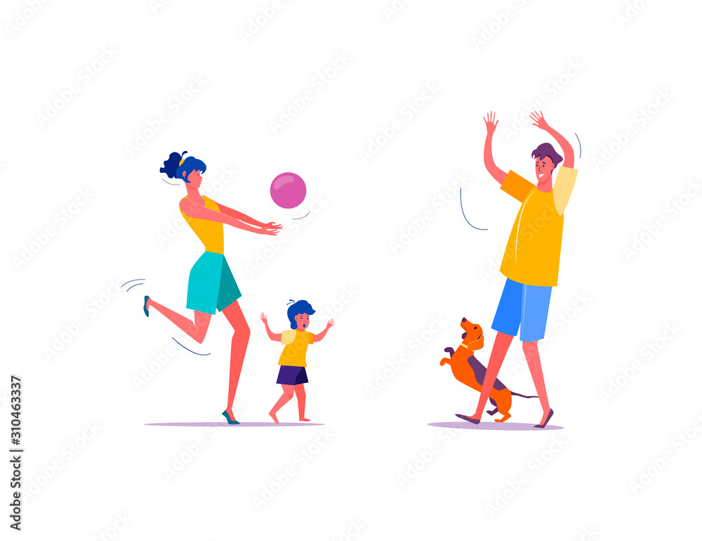Father, mother, son and dog playing together. Family fun flat vector illustration. Family relationship, parenting concept for banner, website design or landing web page