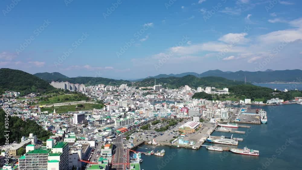 Tongyeong, South Korea 30 August 2019: 4K Aerial Drone Footage View of Tongyeong Port. Tongyeong, South Korea 30 August 2019: 4K Aerial Drone Footage View of Tongyeong Port.
