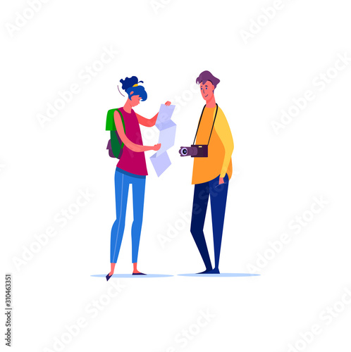 Female tourist reading map for finding direction of tourist spot. Tourist couple traveling in summer trip flat vector illustration. Travel concept for banner, website design or landing web page