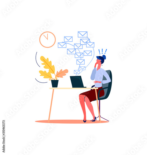 Frightened businesswoman looking at plenty incoming emails. Secretary at work flat vector illustration. Business correspondence concept for banner, website design or landing web page