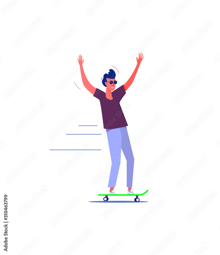 Fototapeta premium Stylish skater in jeans and sneakers. Skateboarding flat vector illustration. Leisure concept for banner, website design or landing web page