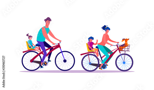 People riding on bicycles. Active family flat vector illustration. Family concept for banner, website design or landing web page