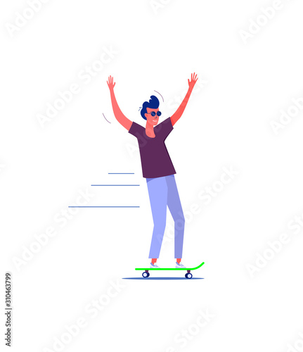 Stylish skater in jeans and sneakers. Skateboarding flat vector illustration. Leisure concept for banner, website design or landing web page