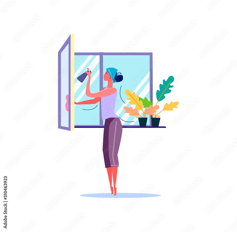 Woman washing window with cloth. Window cleaning flat vector illustration. Cleaning company services concept for banner, website design or landing web page