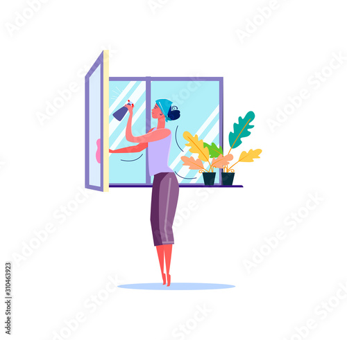 Woman washing window with cloth. Window cleaning flat vector illustration. Cleaning company services concept for banner, website design or landing web page