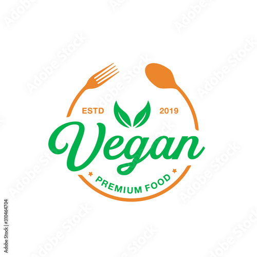 Spoon And Fork With Leaf For Vegan Restaurant Logo Template