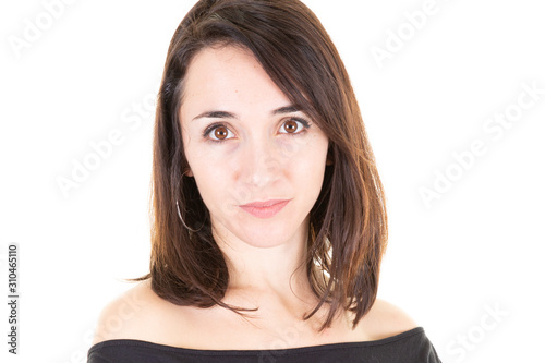 closeup portrait beautiful Woman with no facial Expression over white background © OceanProd