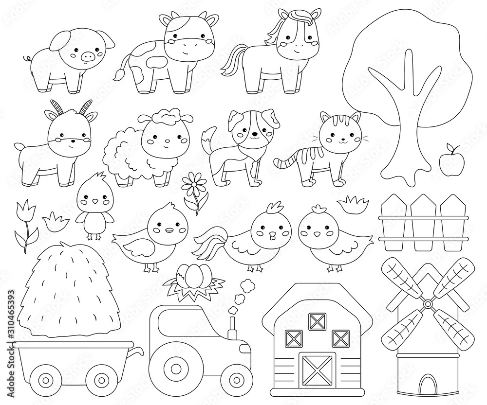 Coloring page for children. Cute kawaii farm animals horse, sheep ...