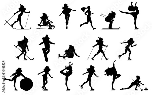 Set of silhouette Winter sports illustrations. Girls doing ice skating, skiing, snowboarding, girl on sledge, Hockey, curling, skier, simple skater, outdoor snow games, cartoon characters. Vector