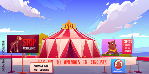 Circus without animals, stop pets abuse concept. Amusement carnival park with agitational posters and signboards against performances and clown shows with alive beasts. Cartoon vector illustration