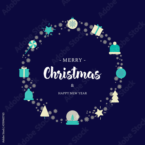 Christmas flat vector greeting card design.New year postcard design.X mas background with stars, snowflakes, presents, bell, baubles, trees, wreath.