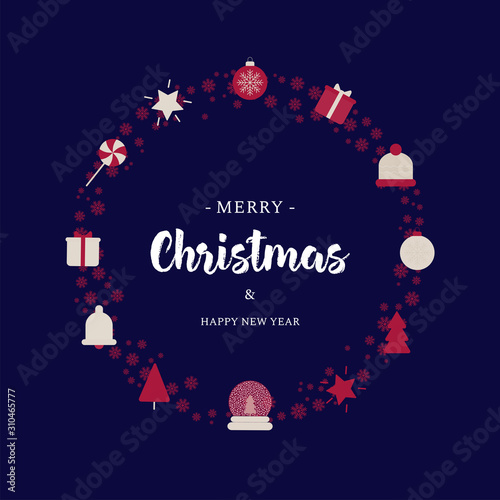 Christmas flat vector greeting card design.New year postcard design.X mas background with stars, snowflakes, presents, bell, baubles, trees, wreath.