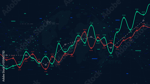 Global network of world big data, financial profit and loss curve, vector background for business