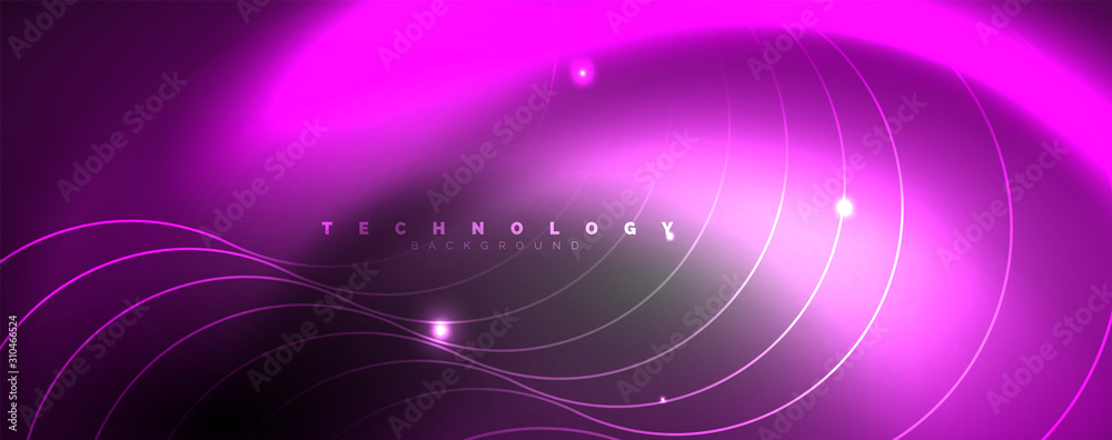 Fototapeta premium Shiny neon lights, dark abstract background with blurred magic neon light curved lines
