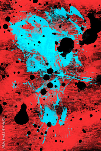 Abstract image of blue watercolor on red background with dropped black ink  art background