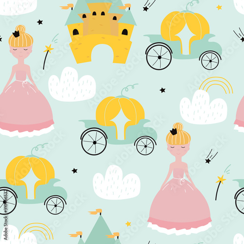Seamless pattern of Princess, castle and carriage on colored background. Vect...