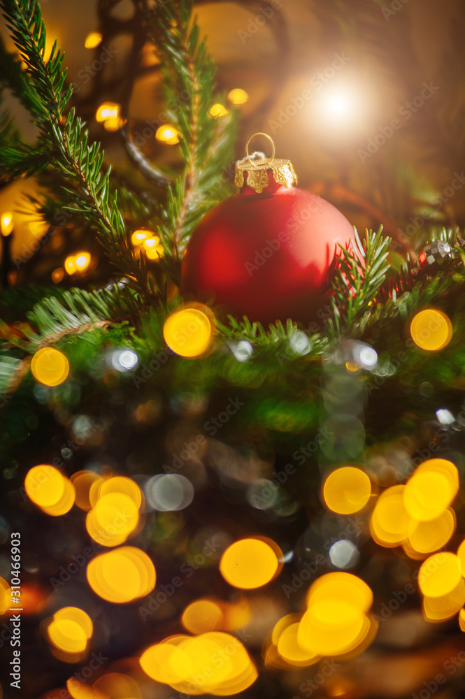 Red glass Christmas ball and lights