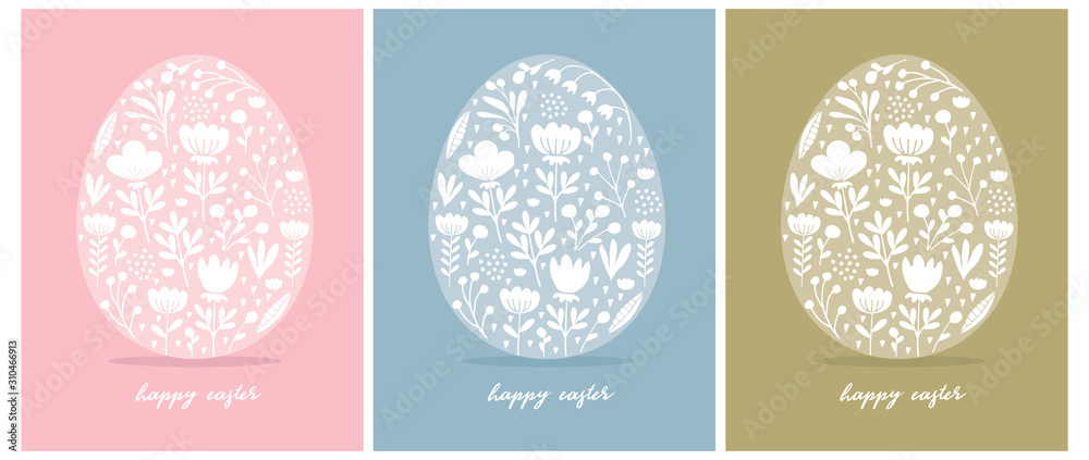 Happy Easter Vector Cards. Cute Eggs in 3 Diferent Colors Isolated on a Pink, Blue and Green Backgrounds. Eggs with and Drawn Floral Ornament Inside. Easter Illustrations for Card, Greeting, Wall Art. Happy Easter Vector Cards. Cute Eggs in 3 Diferent Colors Isolated on a Pink, Blue and Green Backgrounds. Eggs with and Drawn Floral Ornament Inside. Easter Illustrations for Card, Greeting, Wall Art.