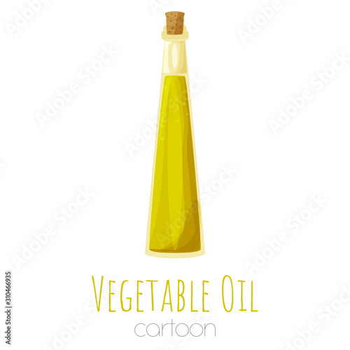 Vegetable oil glass bottle, cartoon isolated vector elements.