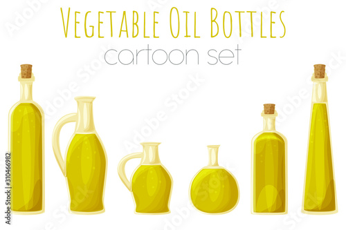 Vegetable oil different glass bottles, cartoon isolated vector elements.