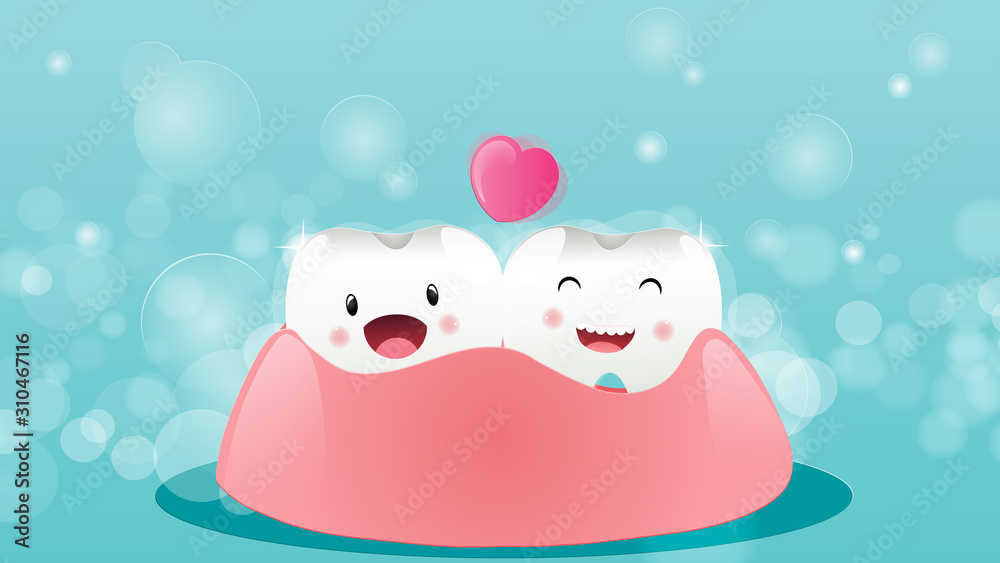 Cartoon tooth happy with braces together on a blue background Orthodontic and more. Vector illustration Cartoon tooth happy with braces together on a blue background Orthodontic and more. Vector illustration