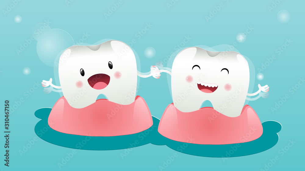 Cartoon tooth happy with braces together on a blue background Orthodontic and more. Vector illustration