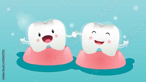 Cartoon tooth happy with braces together on a blue background Orthodontic and more. Vector illustration